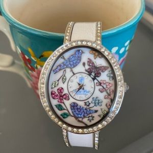 Victoria Wieck Bracelet Cuff Watch In White,Silver,Crystal Bird Butterfly Flower